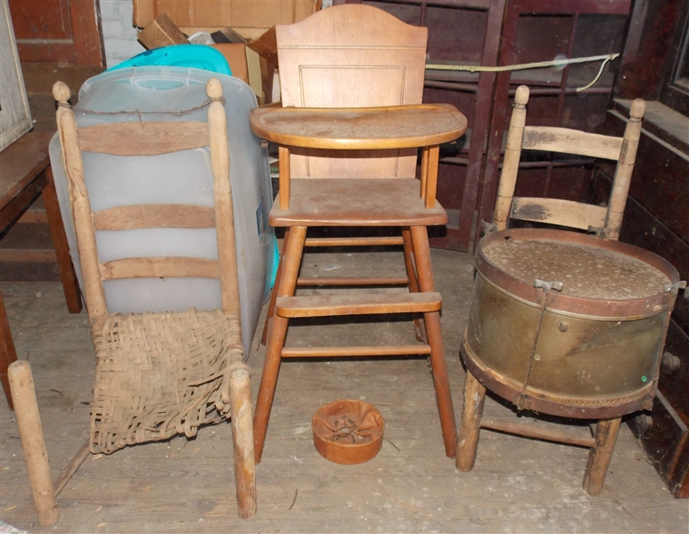 2 Primitive Ladder Back Chairs, Drum, and High Chair - Drum is Dented - Both Chairs need Restoration 