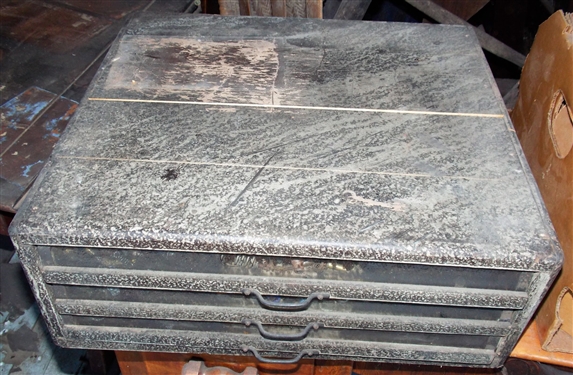 3 Drawer Spool Cabinet with Glass Drawer Fronts - Remnants of Original Label on Side - Drawers Are Full- Missing Back - Measures 7 1/2 tall 19 3/4 by 17 1/2