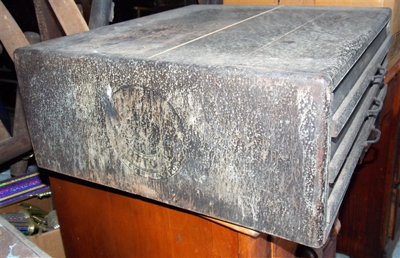 3 Drawer Spool Cabinet with Glass Drawer Fronts - Remnants of Original Label on Side - Drawers Are Full- Missing Back - Measures 7 1/2 tall 19 3/4 by 17 1/2
