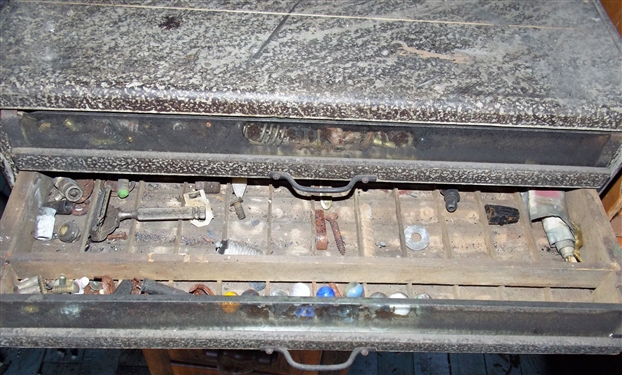 3 Drawer Spool Cabinet with Glass Drawer Fronts - Remnants of Original Label on Side - Drawers Are Full- Missing Back - Measures 7 1/2 tall 19 3/4 by 17 1/2