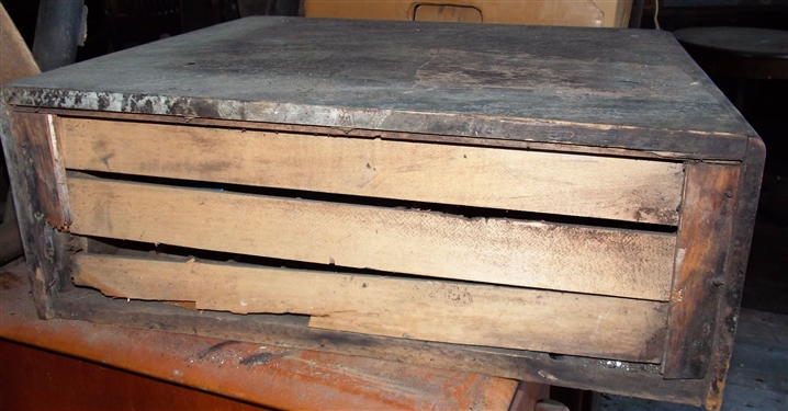 3 Drawer Spool Cabinet with Glass Drawer Fronts - Remnants of Original Label on Side - Drawers Are Full- Missing Back - Measures 7 1/2 tall 19 3/4 by 17 1/2