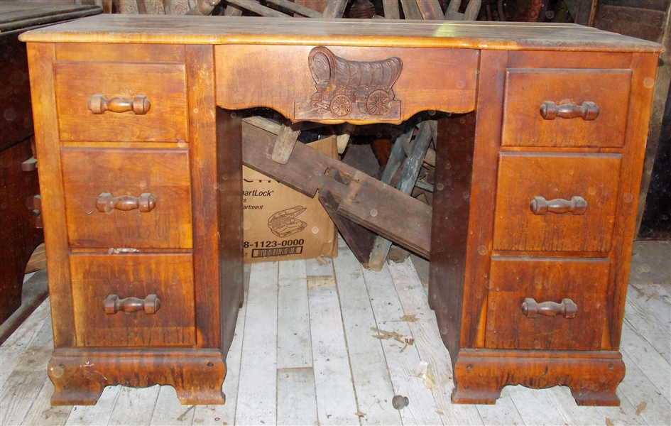 1940s Maple Desk with Wagon Plaque on Front - 3 Drawers - Measures - 29 1/2" tall 45" by 18 1/2" Some Veneer Splitting - See Photo 