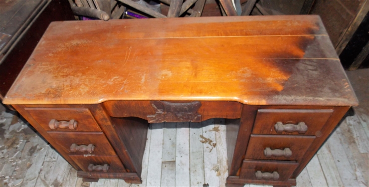 1940's Maple Desk with Wagon Plaque on Front - 3 Drawers - Measures - 29 1/2 tall 45 by 18 1/2 Some Veneer Splitting - See Photo 