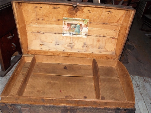 Round Top Trunk with Tray - 1 Leather Handle is Broken - Measures 21 tall 34 by 18 1/2