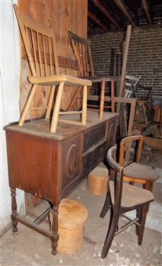 1930's Sideboard and 4 Mix Matched Chairs including 2 Triangle Chairs and 2 Plank Bottom - Sideboard Has Some Veneer Issues and Is Missing Pulls - Sideboard Measures - 37 tall 54 by 18