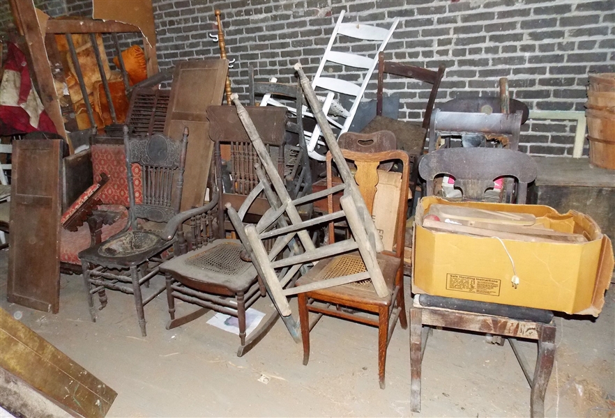 Large Lot of Chairs, Cupboard Doors, Chicken Coop, Hat Rack, Rockers, and More - See Photos 