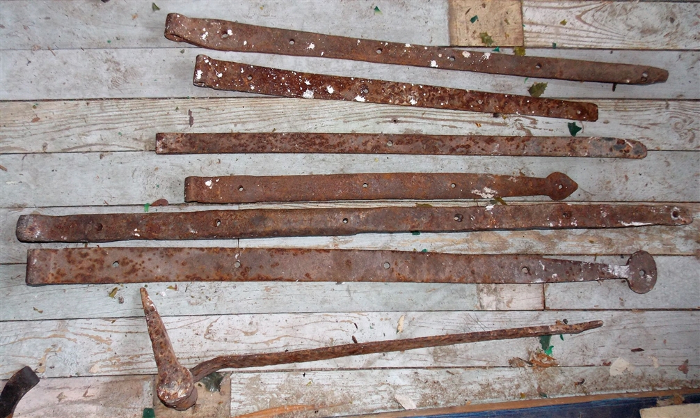 7 Large Blacksmith Shop Made Hinges - Largest Measures 39" long 1 1/2" Wide