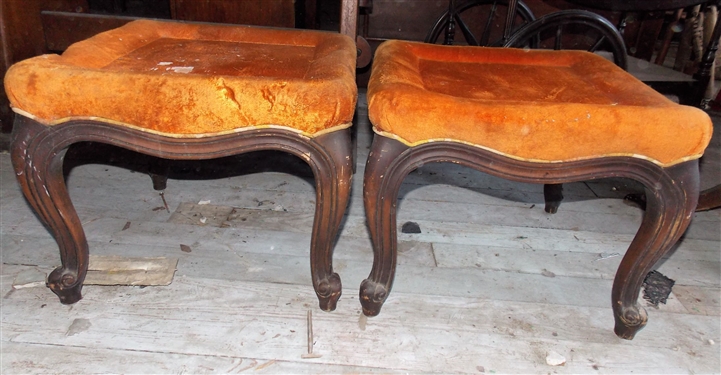 Pair of French Provincial Foot Stools with Orange Velour Tops - Each Measures 13 tall 16 1/2 by 16 1/2