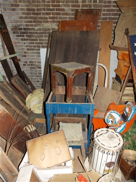 Contents of Back Right Room including Dovetailed Cases, Doors, Chairs, Rescue Sled, Boards, Kerosene Heater, Flag, Tables,  Etc.  - Take What You Want - Cream Colored French Provincial Style...