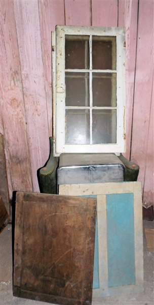 Green Chair with Nail Head Trim, Chrome Bread Box - Dented, Pair of Glass Doors, and Other Boards