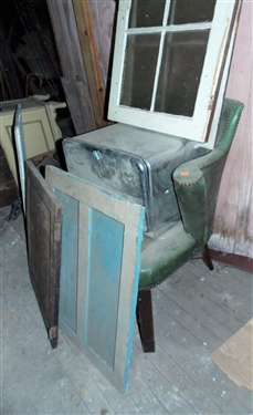 Green Chair with Nail Head Trim, Chrome Bread Box - Dented, Pair of Glass Doors, and Other Boards