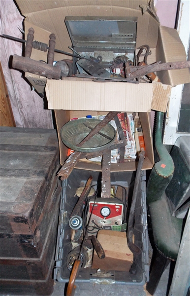 3 Boxes including Hardware, Saw, Hammer, Hand Tools, Metal Pieces, Etc.