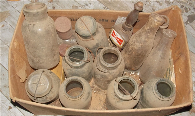 Box Lot of Jars, Milk Bottles, and Beer Tap -Atlas Ez Seal Jars, Lake View Dairy - Luck Bros. Milk Bottle