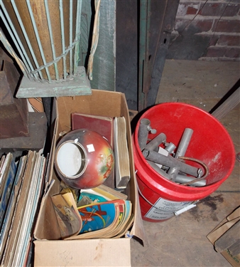 Wood Door with Hinges, Wood Bed Rails, Tall Crutch, Tool Box, Albums, Books, Etc. 