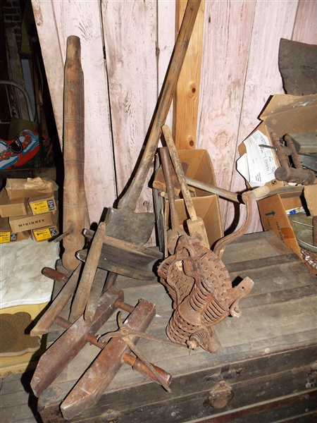 Black Hawk Corn Sheller, Wood Mallets, Axe, Roller, Wood Clamps, and Other Tools
