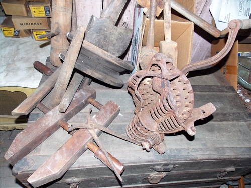 Black Hawk Corn Sheller, Wood Mallets, Axe, Roller, Wood Clamps, and Other Tools