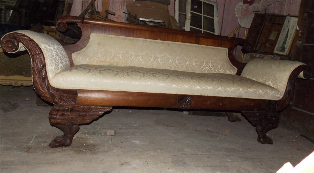 Claw Foot Scrolled Arm Sofa  with Carved Flower Details  - Measures - 36" tall 91" long by 25" Foot Needs Repair 