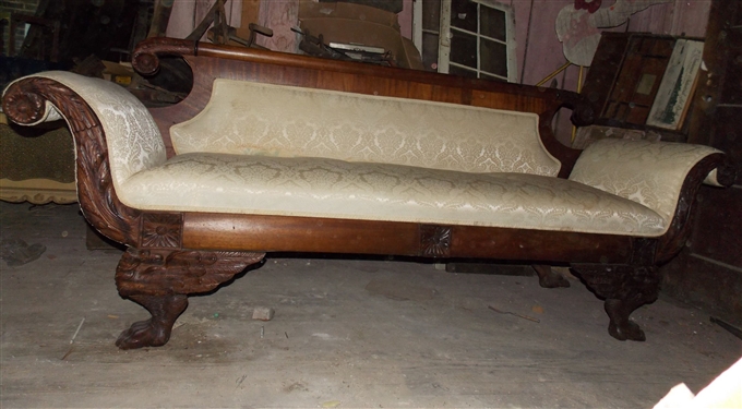 Claw Foot Scrolled Arm Sofa  with Carved Flower Details  - Measures - 36 tall 91 long by 25 Foot Needs Repair 