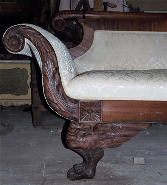 Claw Foot Scrolled Arm Sofa  with Carved Flower Details  - Measures - 36 tall 91 long by 25 Foot Needs Repair 