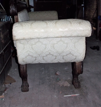 Claw Foot Scrolled Arm Sofa  with Carved Flower Details  - Measures - 36 tall 91 long by 25 Foot Needs Repair 