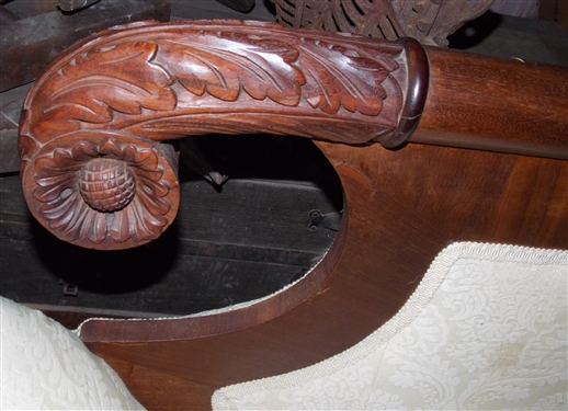 Claw Foot Scrolled Arm Sofa  with Carved Flower Details  - Measures - 36 tall 91 long by 25 Foot Needs Repair 