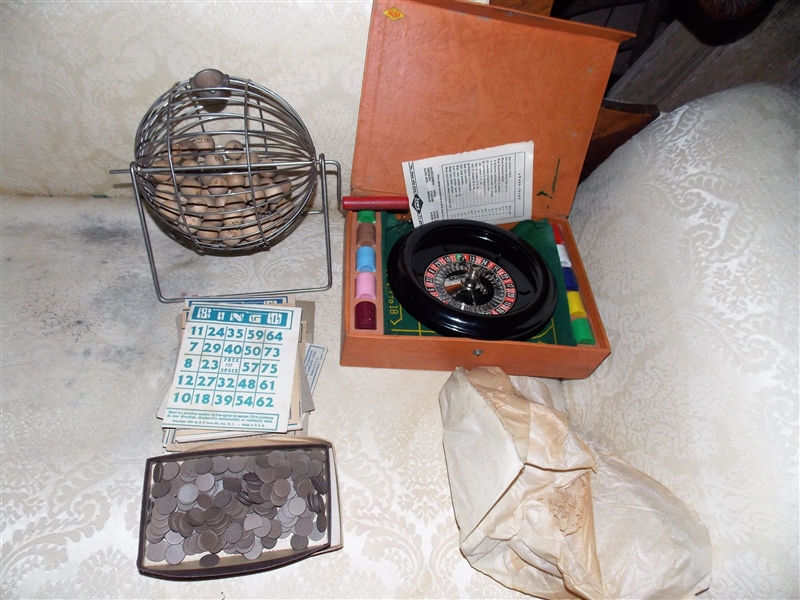 Vintage Bingo Game with Cards, and Ball Basket and Roulette Wheel with Tokens in Case 