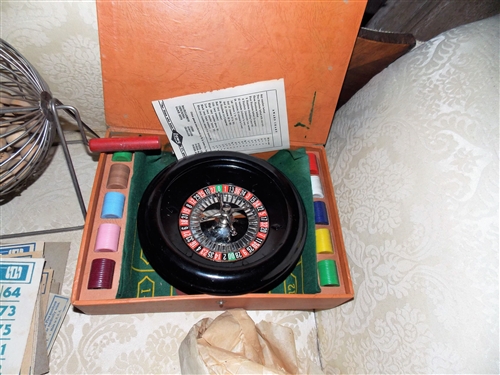 Vintage Bingo Game with Cards, and Ball Basket and Roulette Wheel with Tokens in Case 