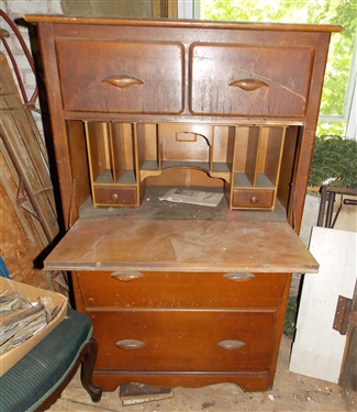 Bachelors Desk 3 Drawers and Drop Front Writing Desk -Measures  48 tall 30 by 17 - Missing 1 Pull