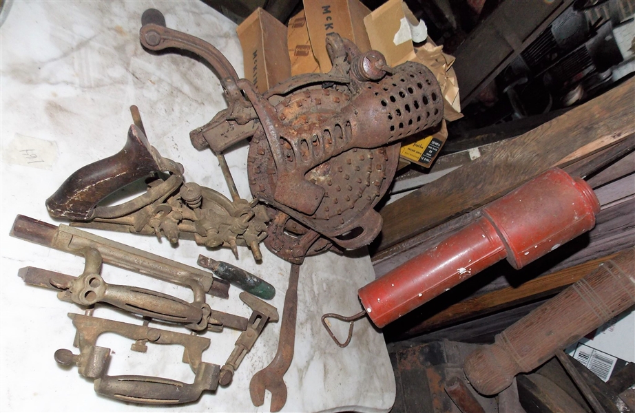 Lot of Tools Including Corn Sheller, Planes, Wrenches, Sprayer, Etc.