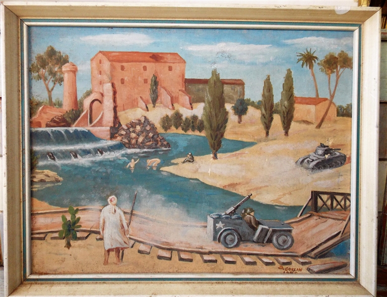Military Scene Oil on Board Painting Signed by Artist D. Gorlin 1945 - Framed - Frame Measures 13 1/2" by 17 1/2"
