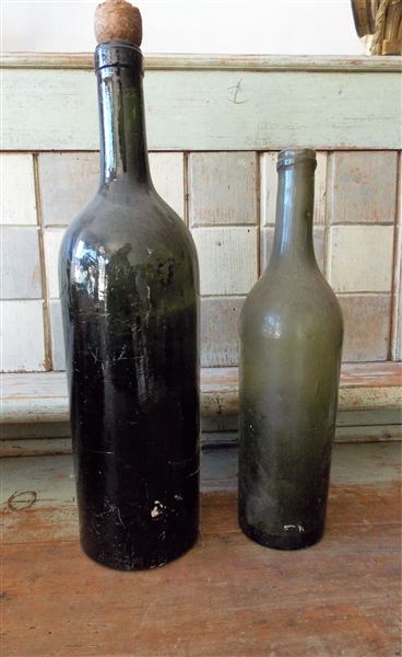 2 Early Green Bottles with Applied Tops - Largest Measures 14"