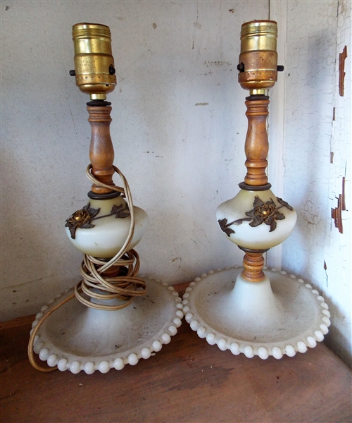 Pair of White Milk Glass Lamps with Metal Applied Flower Decoration - Each Measure 12" tall