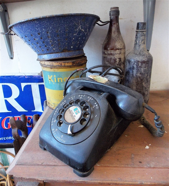 Blue Enamel Strainer, Rotary Phone, Kingans Lard Tin, and 2 Bottles