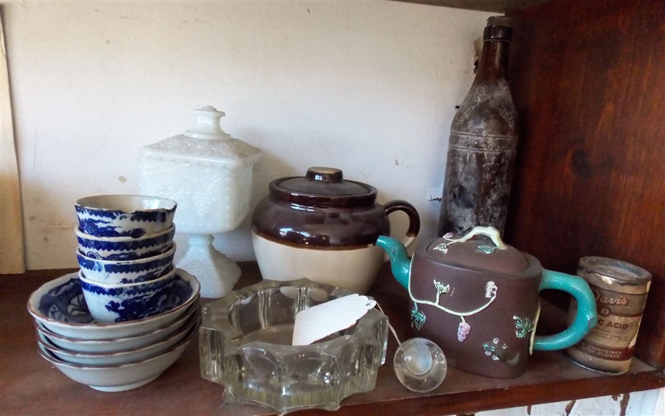 Milk Glass Lidded Dish, Brown and White Bean Pot, Oriental Tea Pot, Blue Willow, Etc. 