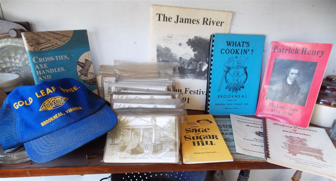 Gold Leaf Brookneal, VA Hat, Campbell County Courthouse Cards, Brookneal Cookbooks, The James River Batteau Festival Booklet, and Other Books