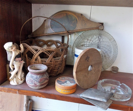 Basket of Tin Cookie Cutters, Wood Churn Lid, Figurine, Crock with Blue Band, Ashtrays, Keys, Silver Coin Purse, Wood Towel Rack