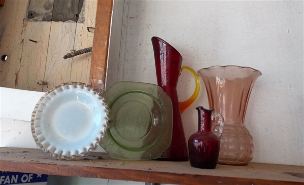 Lot of Glassware including Silvercrest Small Plate, Pink Depression Vase, Red Cruet with Applied Handle, Green Bowl, and Red Crackle Vase with Yellow Applied Handle