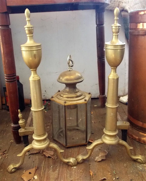Pair of Brass Clawfoot Andirons and Hanging Light Fixture - Andiron Are 22 1/2" tall 