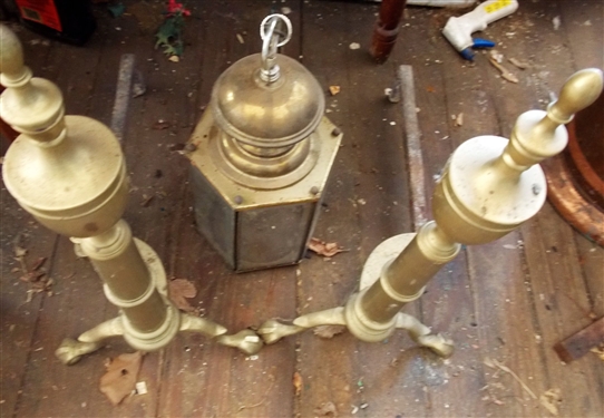 Pair of Brass Clawfoot Andirons and Hanging Light Fixture - Andiron Are 22 1/2 tall 