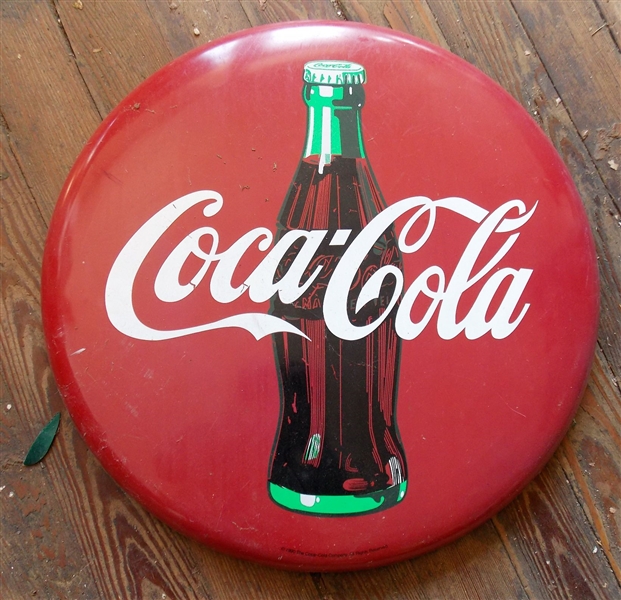 1990 Coca-Cola "Tacker-Type" Metal Sign - Measures 19 3/4" Across - Some Sun Fading- See Photo