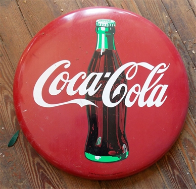 1990 Coca-Cola Tacker-Type Metal Sign - Measures 19 3/4 Across - Some Sun Fading- See Photo