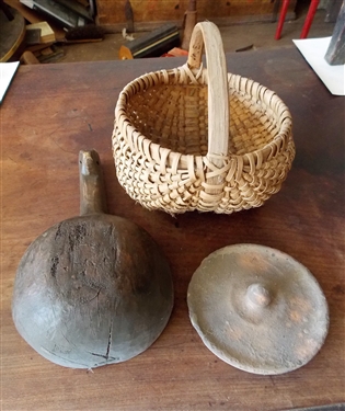 Wood Dipper, Pottery Crock Lid, and Oak Split Basket - Basket Measures 5 tall 8 by 7