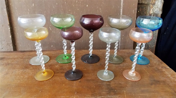 9 Multi Colored Twisted Stem Glasses - 5 -6 and 4 - 5 1/2