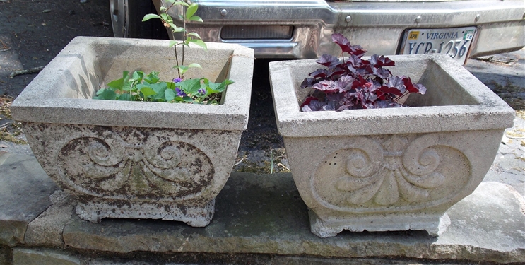 Pair of Square Concrete Planters - Measuring 9" tall 13 3/4" by 13 3/4" - Some Damage Around Bottoms