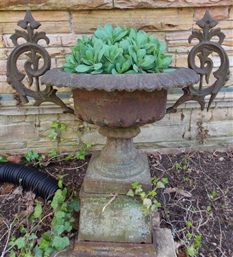 Awesome 19thCentury 3 Piece Iron Urn - Measures 28" tall 33" Handle to Handle - 1 Broken Piece on Handle - Urn Does Sit Flat - Pictured On Slanted Surface