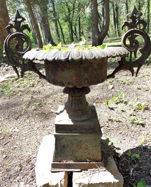 Awesome 19thCentury 3 Piece Iron Urn - Measures 28" tall 33" Handle to Handle - 1 Broken Area on Bottom  - Urn Does Sit Flat - Pictured On Slanted Surface