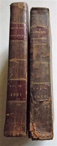 1820 and 1821 "Methodist Magazine" Leather Bound Books - From "H.B. Mahood Emporia, VA" - Writing and Foxing Overall - Some Damge to Covers