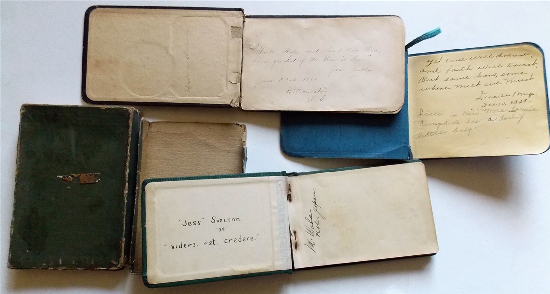 1886/1887 Autograph Book with Rabbit on Cover (Cover is Torn), 1928 Autograph Book with Blue Cover, and Other Autograph Book in Partial Origina Box