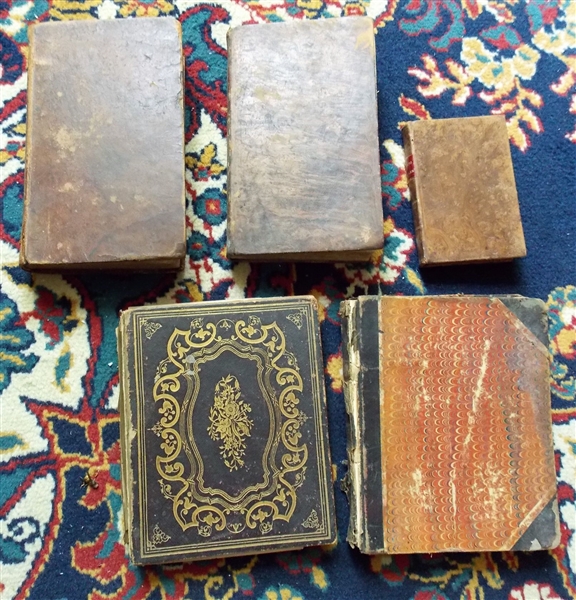 5 Leather Bound Books including 2 Books of Handwritten Notes on Lectures, 1832 "Elements of Medical Jurisprudence" Volumes I and II, and Small Religious Book 