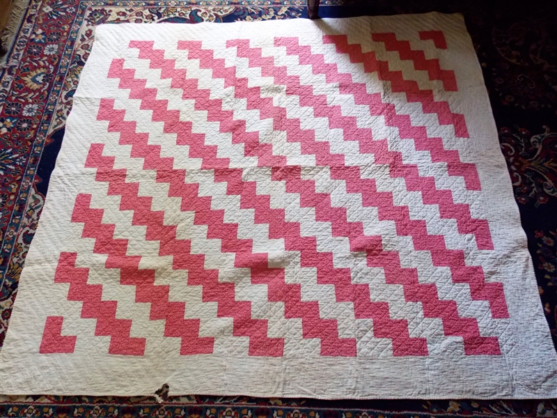 Pink and White Zig Zag Pattern Hand Quilted Quilt - Very Tin - Measure - 75" by 67" - Tear on One Side - 